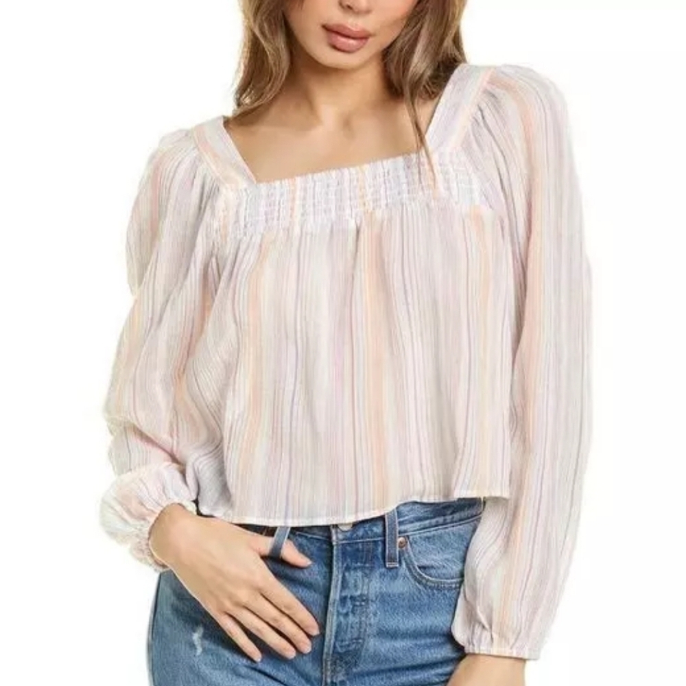 Bcbgeneration Women Chiffon Smocked Striped SquareStriped Sleeve blouse top sz S